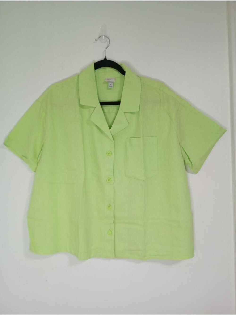A New Day Lime Green Button-Up Short Sleeve Shirt XL Linen Blend